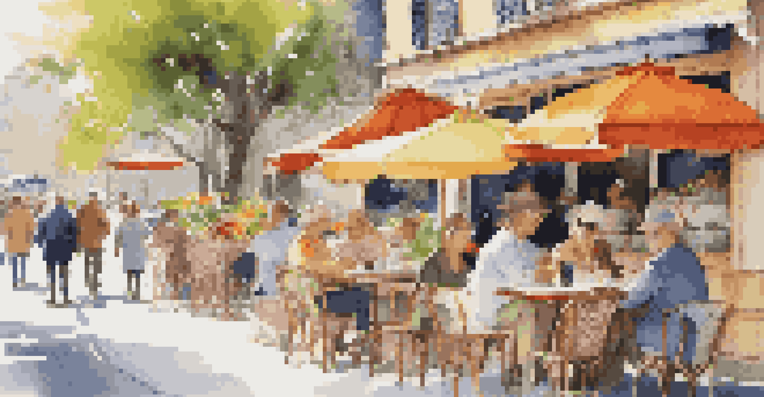 A vibrant outdoor café filled with people enjoying coffee and pastries on a sunny day, surrounded by flowers and colorful umbrellas.