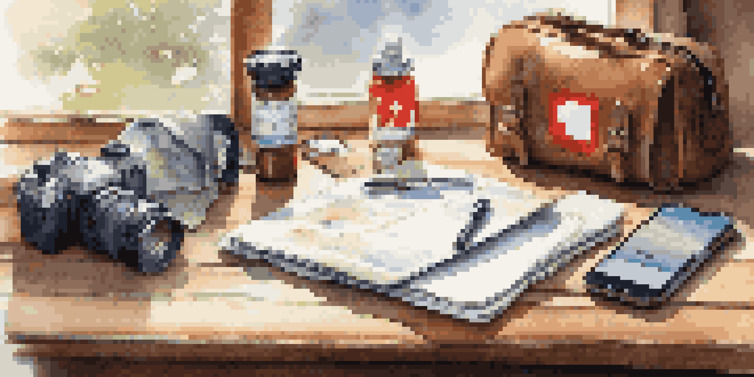A traveler's workspace with a travel itinerary, first aid kit, portable charger, and smartphone in soft morning light.