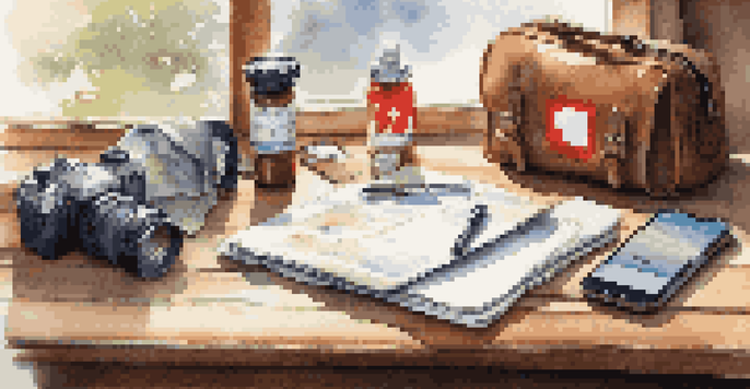 A traveler's workspace with a travel itinerary, first aid kit, portable charger, and smartphone in soft morning light.