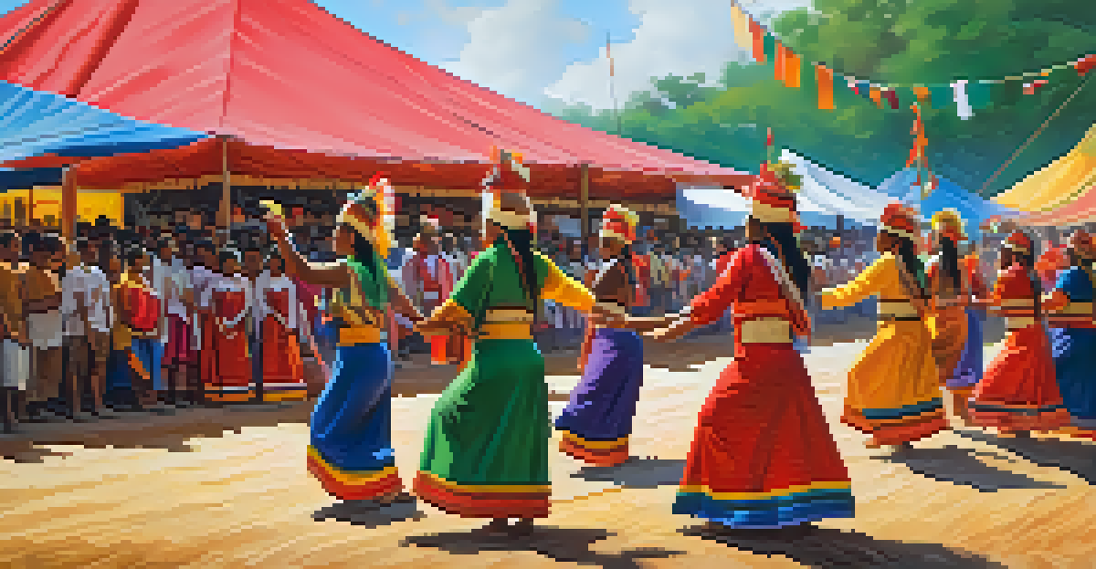 A vibrant Indigenous cultural festival with people in traditional attire dancing and colorful crafts in the background.