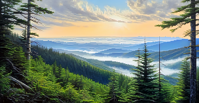 A panoramic view from Clingmans Dome, featuring misty rolling mountains and green foliage under a blue sky at dawn.