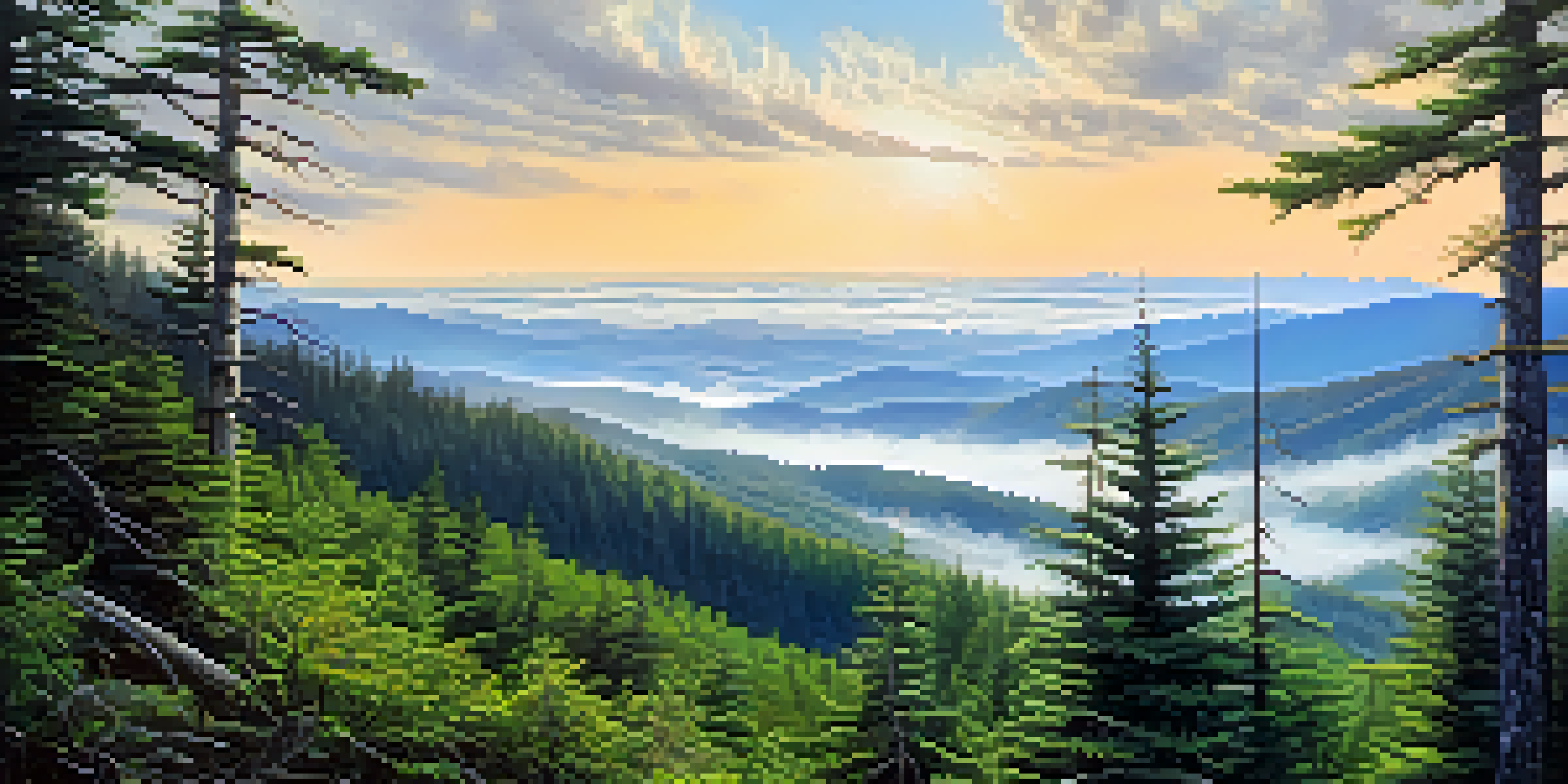 A panoramic view from Clingmans Dome, featuring misty rolling mountains and green foliage under a blue sky at dawn.