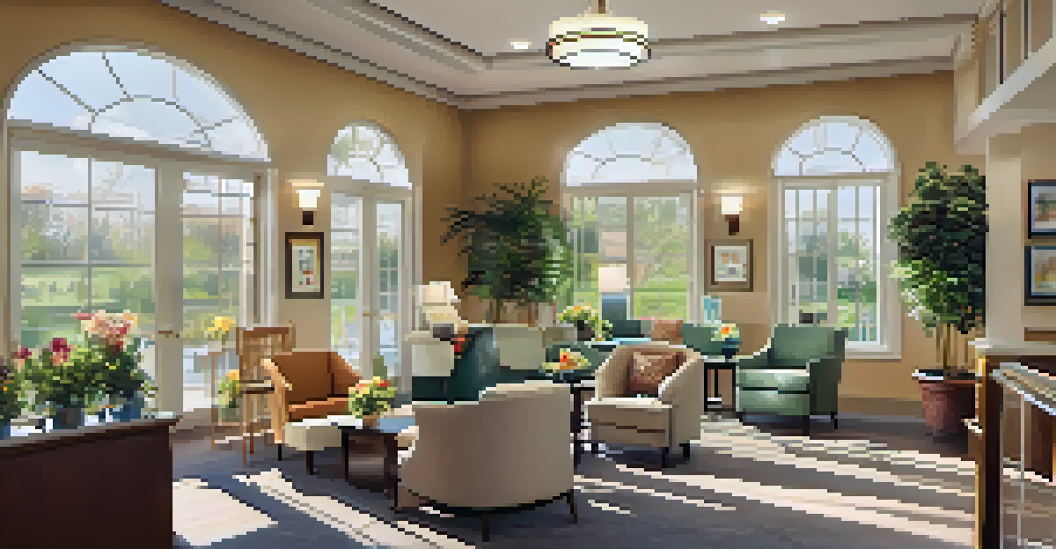 A warm and inviting assisted living facility common room with seniors participating in group activities.