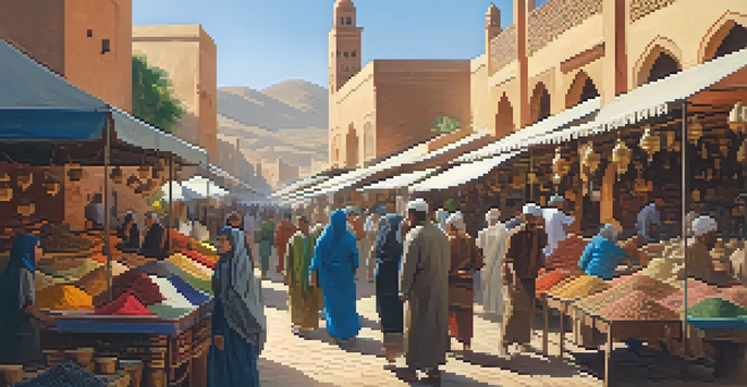 A busy Moroccan market filled with colorful spices and textiles, showcasing the interaction between locals and tourists under warm sunlight.