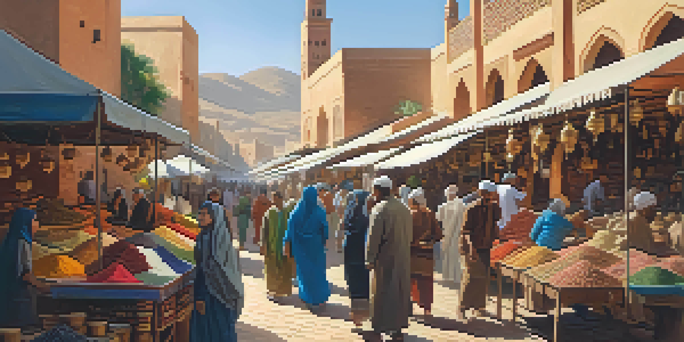 A busy Moroccan market filled with colorful spices and textiles, showcasing the interaction between locals and tourists under warm sunlight.