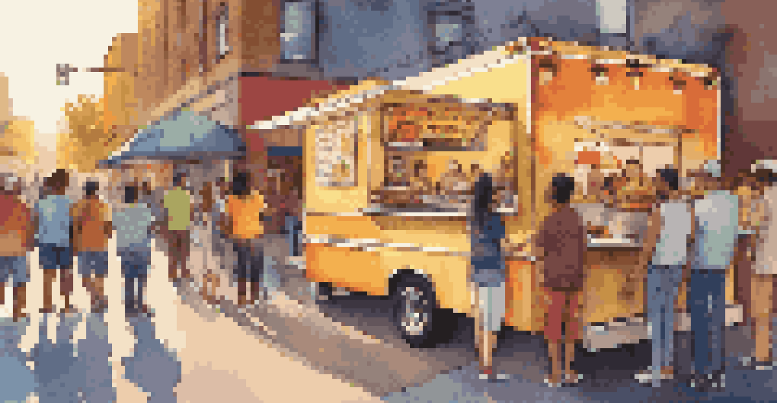 A colorful food truck serving tacos, with a diverse crowd of people waiting in line as the sun sets, creating a warm glow.