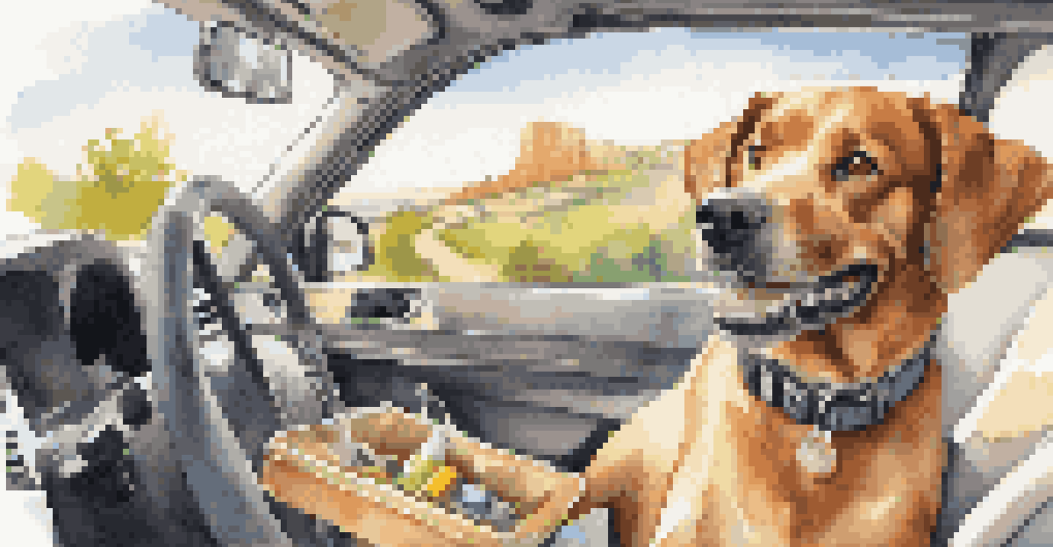 A dog safely secured in a car with a seatbelt during a road trip.