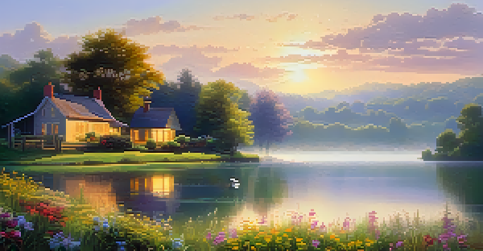 A rural landscape at sunrise with a cozy cottage by a tranquil lake, surrounded by trees and blooming wildflowers.