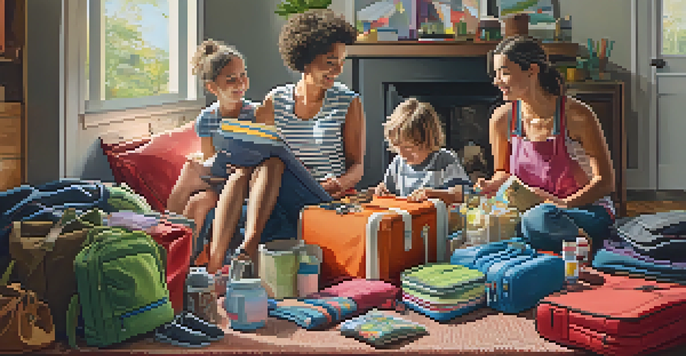 A family happily packing for a trip with colorful luggage and travel gear, including clothing and books, in a well-lit room.