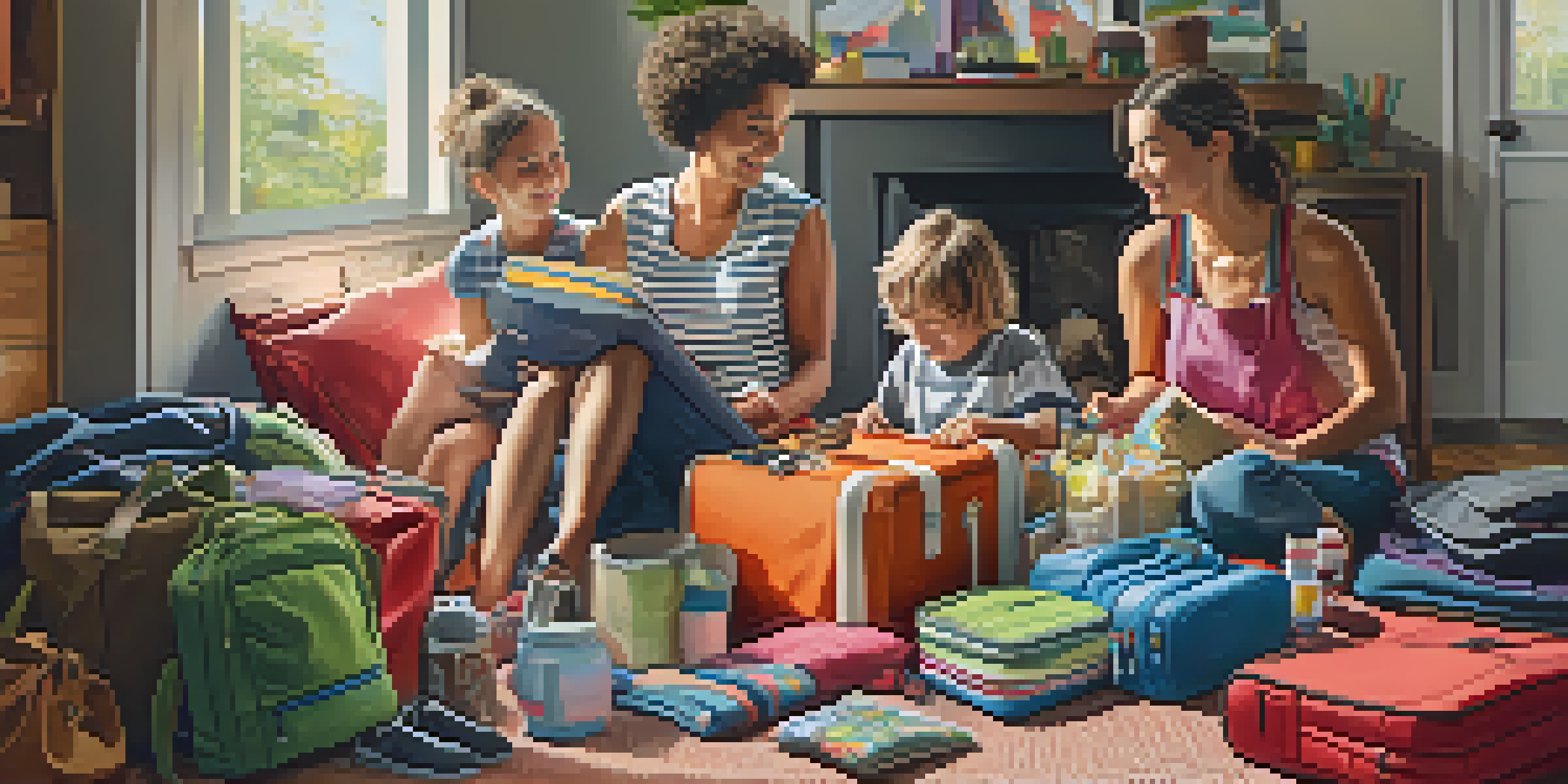 A family happily packing for a trip with colorful luggage and travel gear, including clothing and books, in a well-lit room.