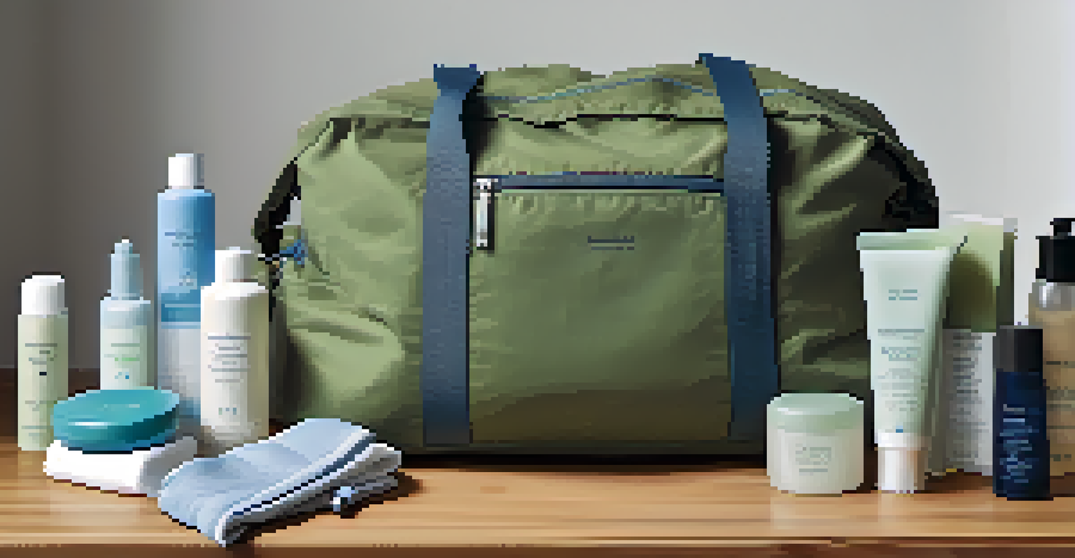 A well-organized travel bag with neatly packed clothes and solid toiletries on a wooden table, in a soft color palette.