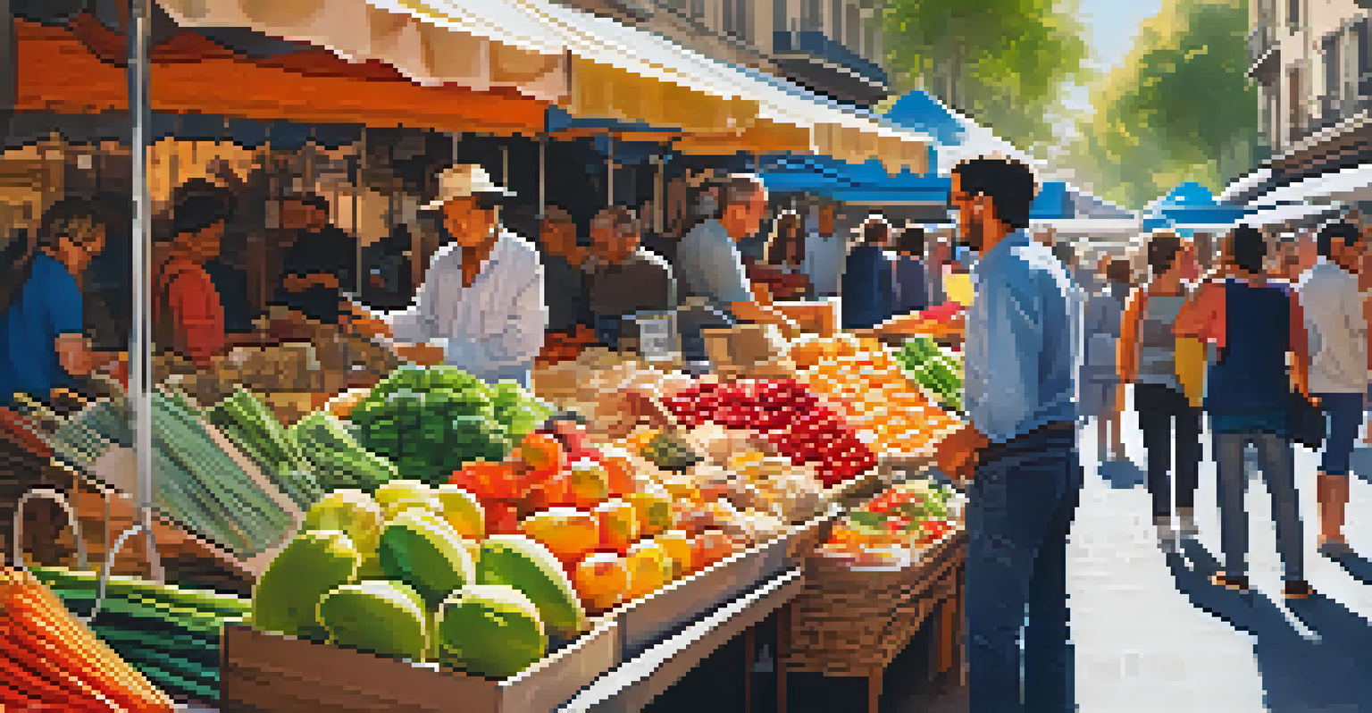 A traveler negotiating with a vendor in a Barcelona street market using a translation app, surrounded by colorful stalls and bright sunlight.