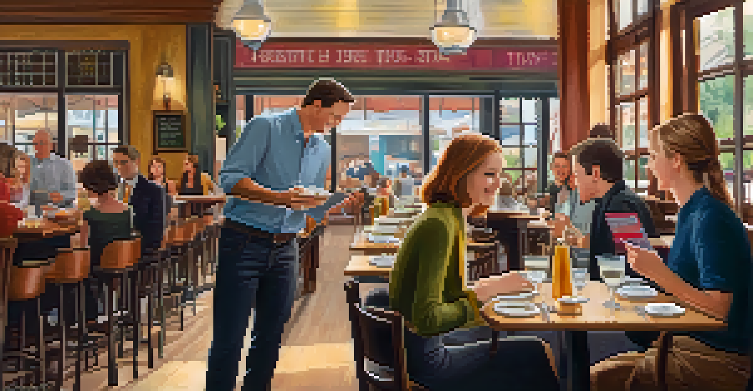 A traveler presenting a gluten-free card to a waiter in a lively restaurant setting, with colorful dishes and a chalkboard menu in view.