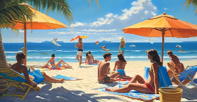 A beautiful summer beach scene with golden sands, blue skies, and vacationers enjoying the sun.