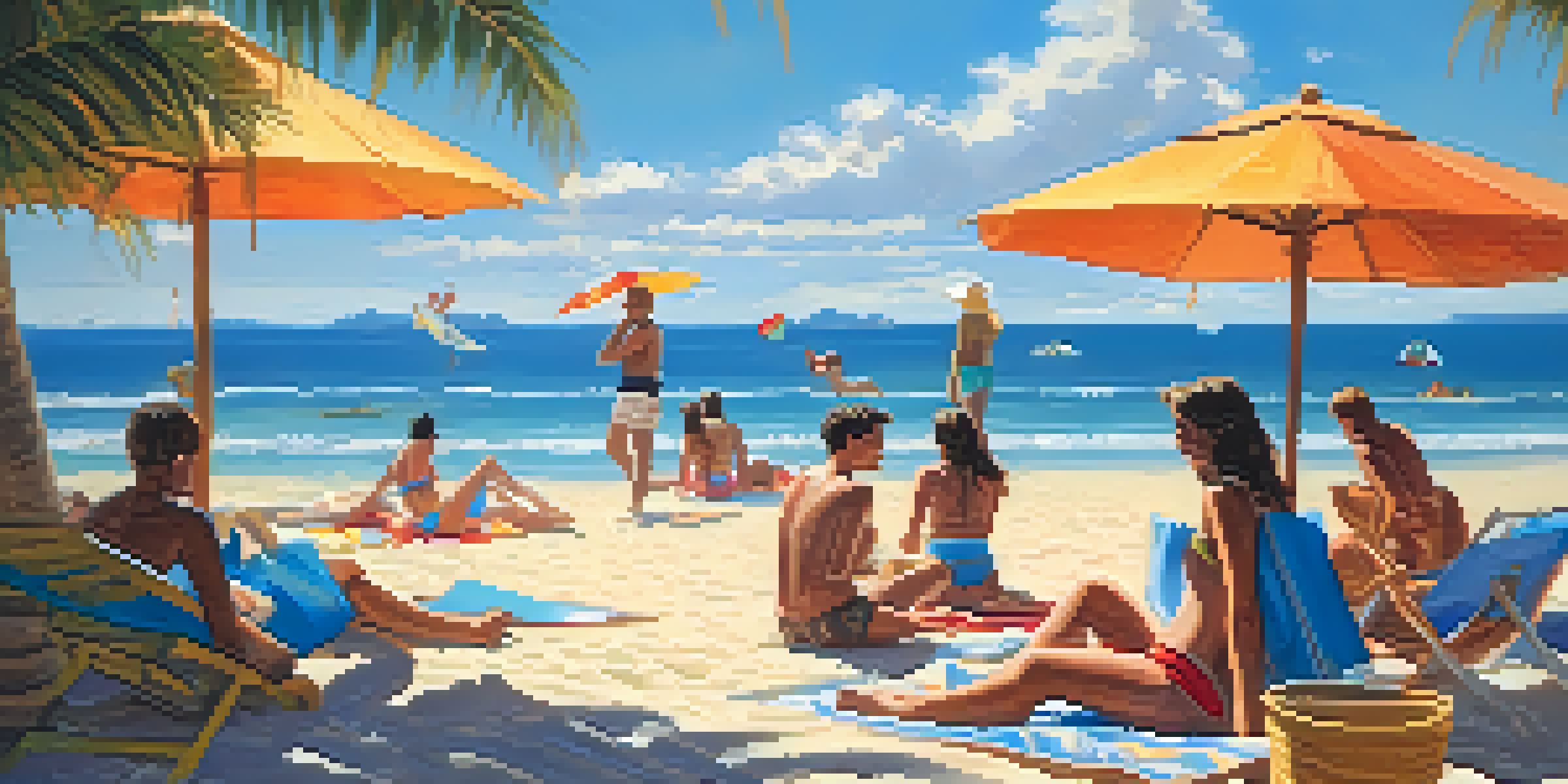 A beautiful summer beach scene with golden sands, blue skies, and vacationers enjoying the sun.