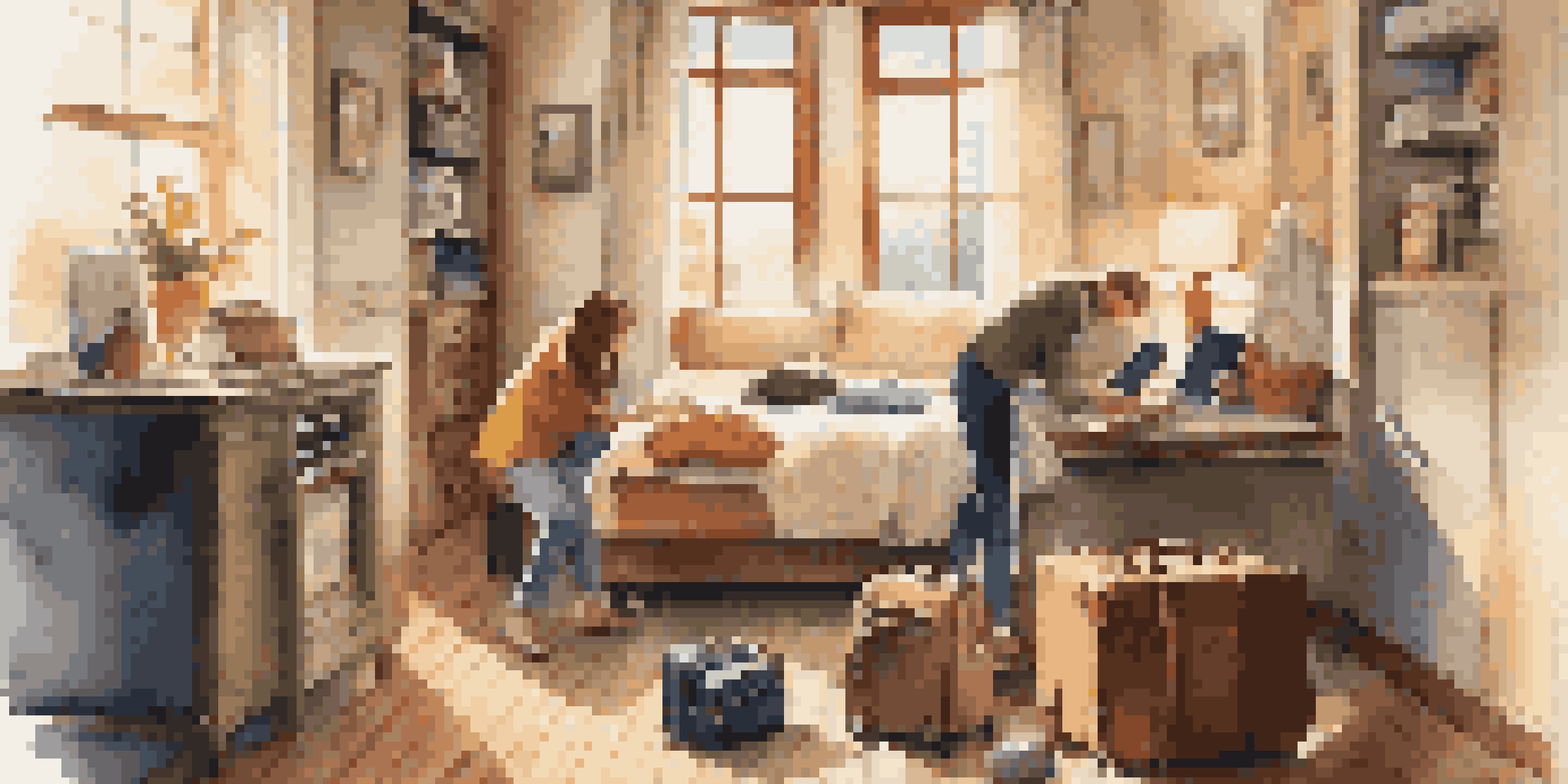 A couple packing their luggage together in a warm, sunlit room, surrounded by organized travel items.