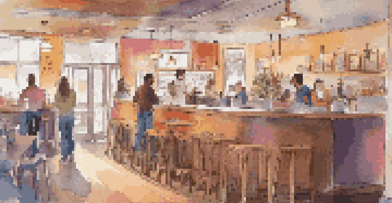 A cozy LGBTQ+ friendly café with warm lighting, rainbow decorations, and people enjoying conversations.