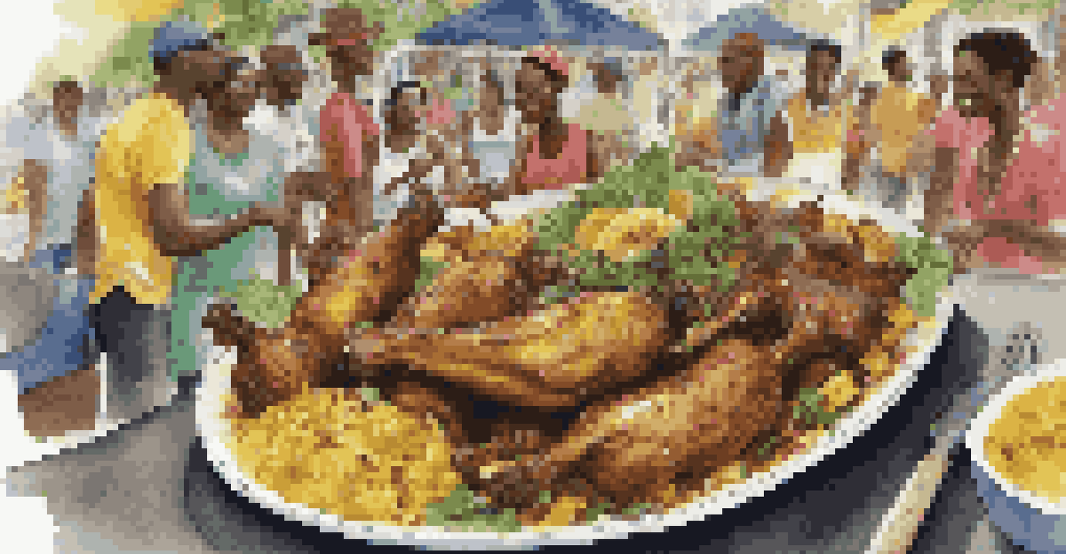 A close-up of a plate of jerk chicken, curried goat, and fried plantains at the Notting Hill Carnival, with a lively background of festival-goers.