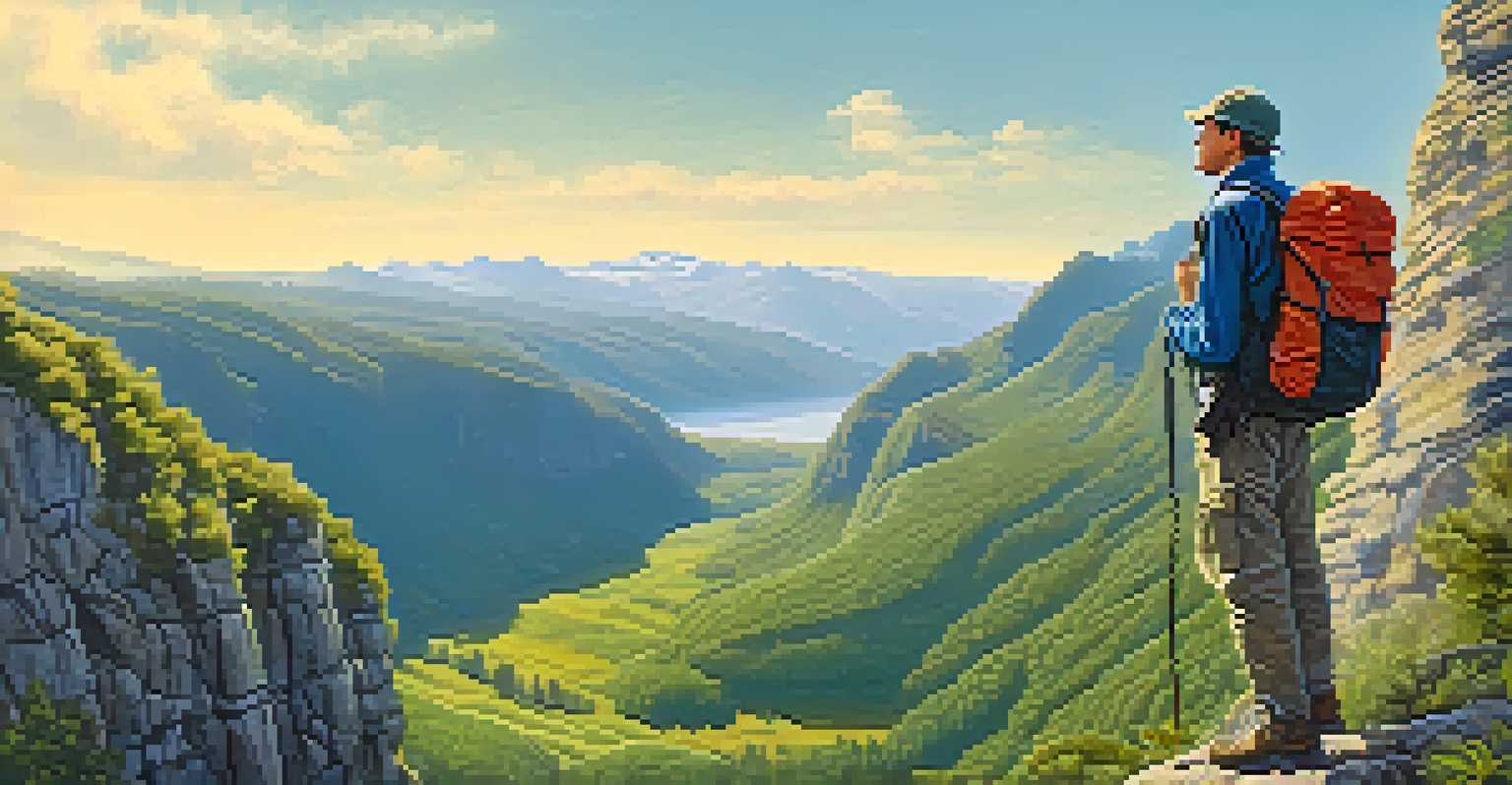 A hiker on a cliff overlooking a green valley, showcasing adventure and peace of mind.