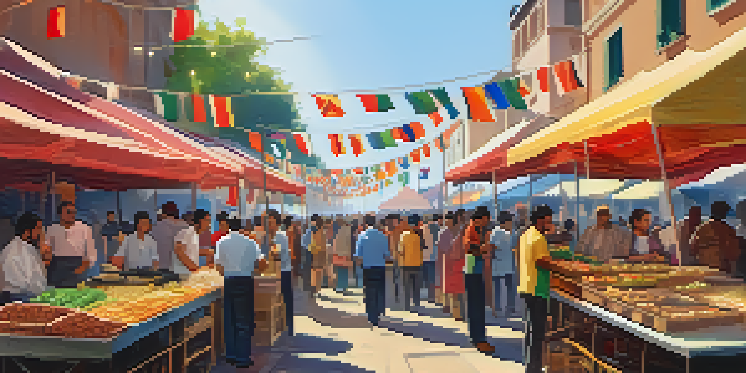 A bustling food festival with colorful stalls and vendors cooking street food. The crowd is enjoying the vibrant atmosphere filled with cultural decorations.