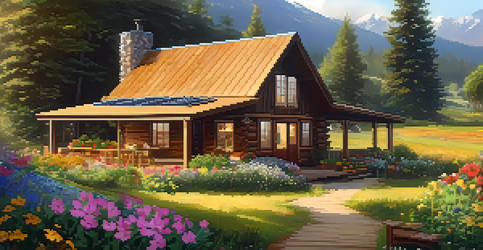 A rustic wooden cabin surrounded by a garden, with a local family enjoying breakfast on the porch in warm sunlight.