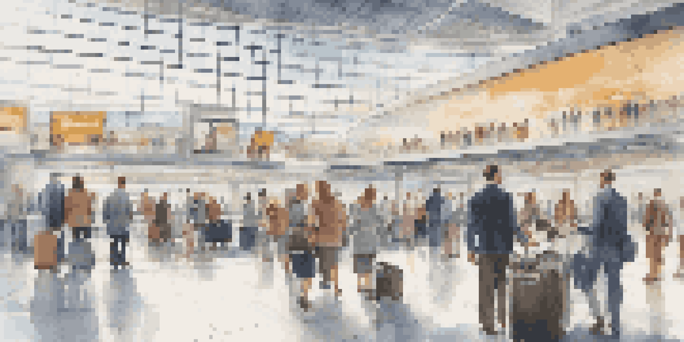 A busy airport terminal with travelers checking in using kiosks and scanning mobile passes. The terminal is bright with large glass windows and modern architecture.