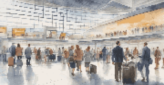 A busy airport terminal with travelers checking in using kiosks and scanning mobile passes. The terminal is bright with large glass windows and modern architecture.