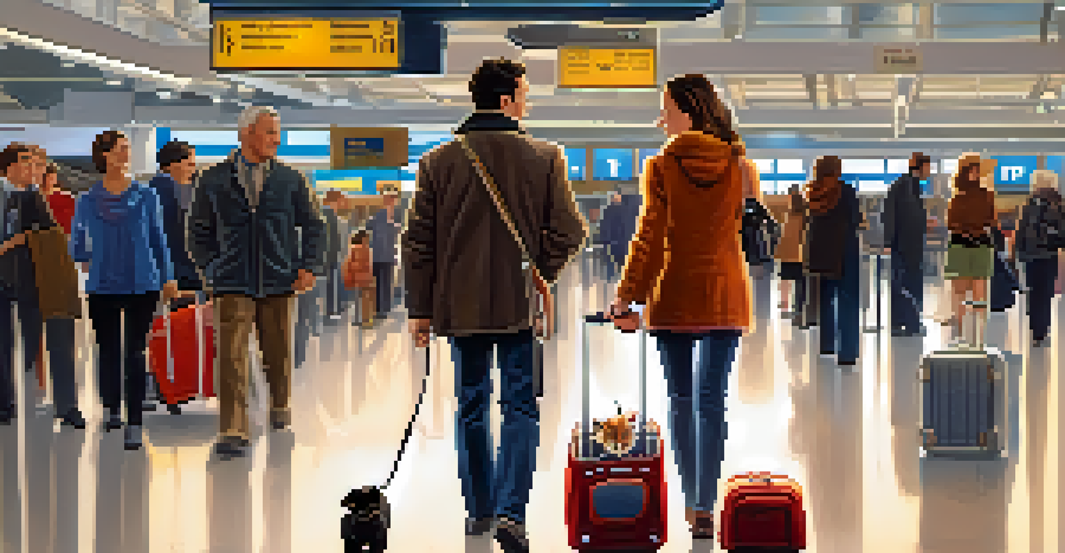 A pet owner with a cat in an airline-approved carrier at an airport terminal, surrounded by travelers.