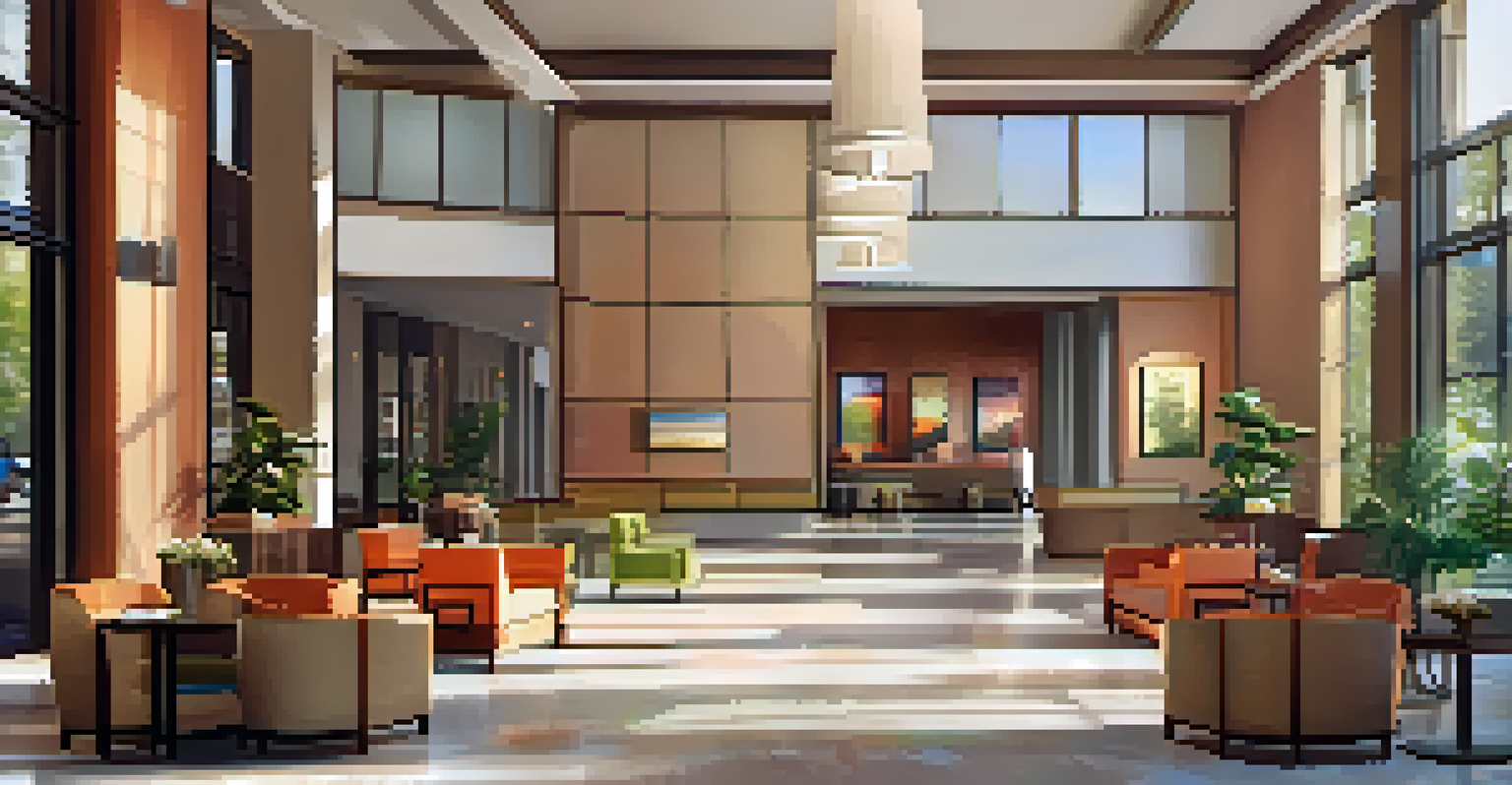 An inclusive hotel lobby with wide doorways and a reception desk designed for accessibility, featuring bright colors and modern furnishings.