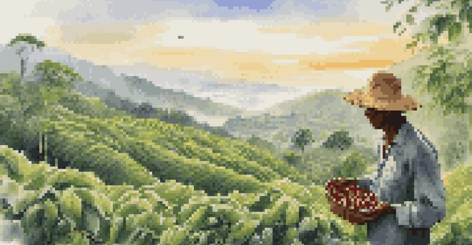 A Colombian coffee farmer picking ripe cherries on a lush green coffee farm at sunrise, with misty mountains in the background.