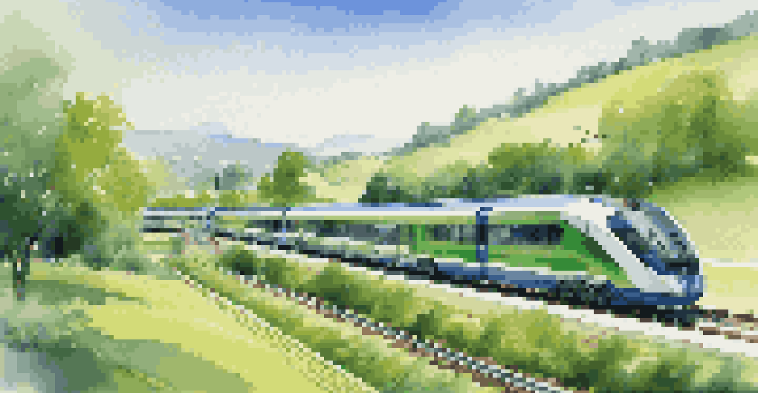 A modern train with solar panels traveling through a green landscape, surrounded by fields and trees under a blue sky.