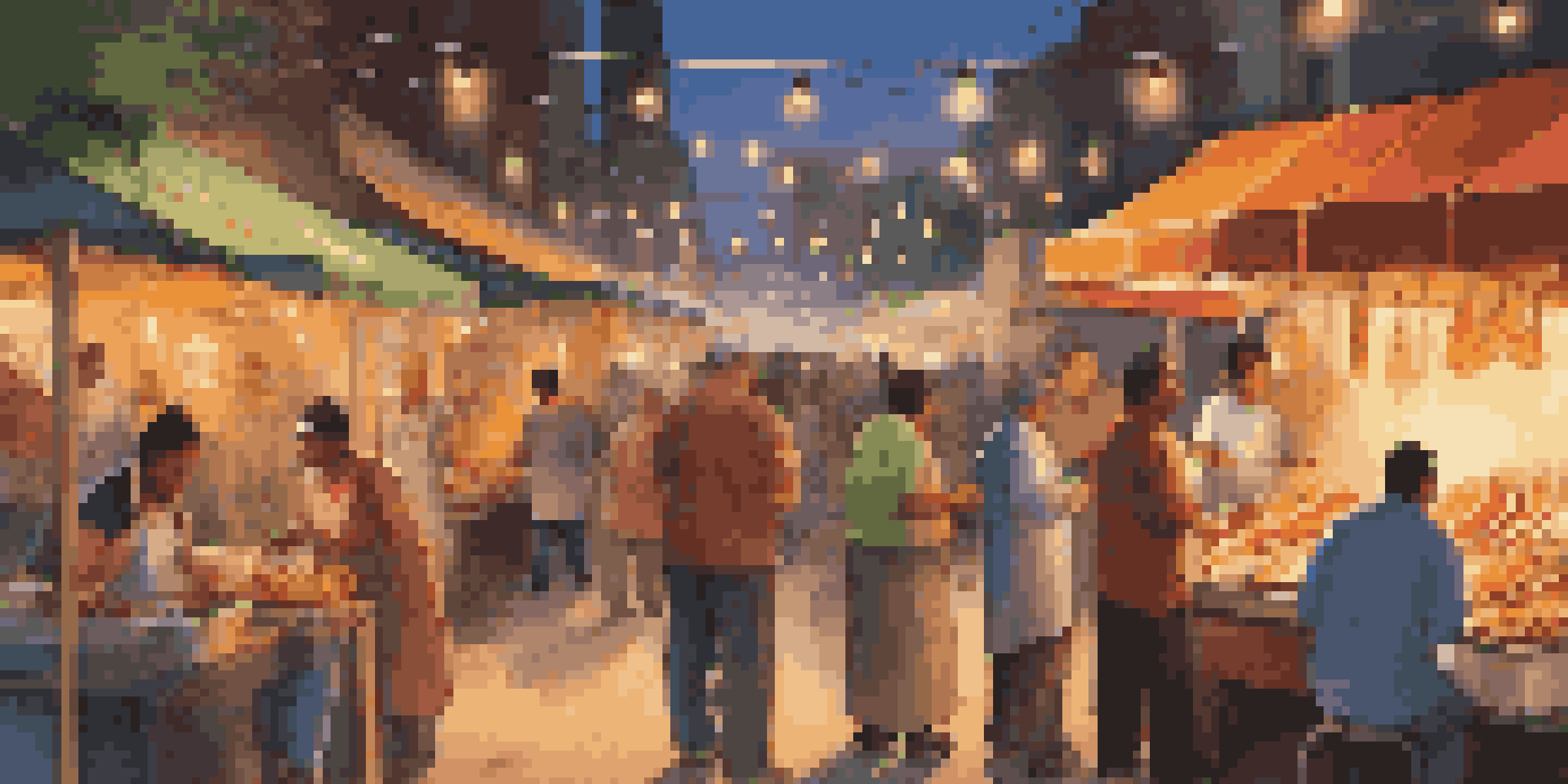 A lively street food market scene with illuminated stalls and people enjoying food in the foreground.