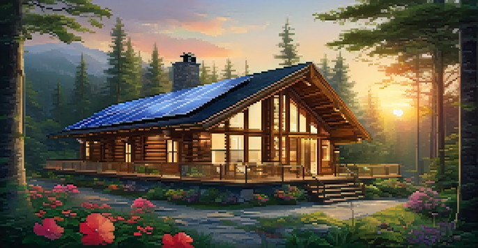 An eco-friendly lodge surrounded by a forest, featuring solar panels and colorful flowers, under a warm sunset light.