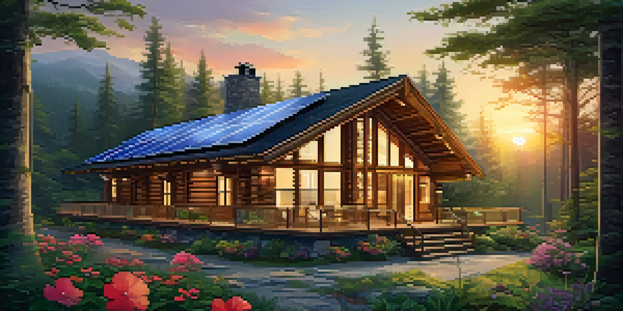 An eco-friendly lodge surrounded by a forest, featuring solar panels and colorful flowers, under a warm sunset light.