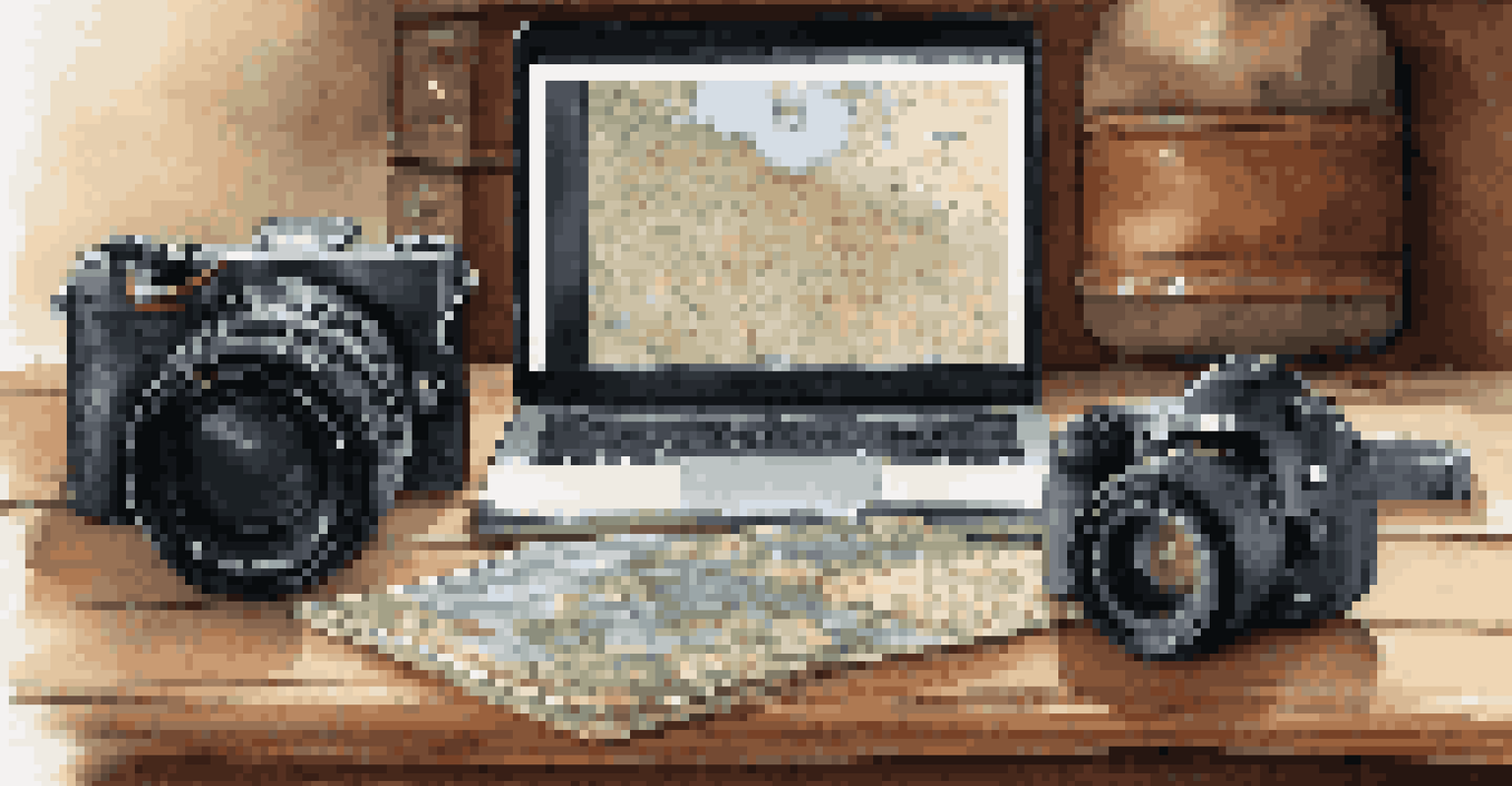 A travel photography setup with a DSLR camera, accessories, and a guidebook on a wooden table.