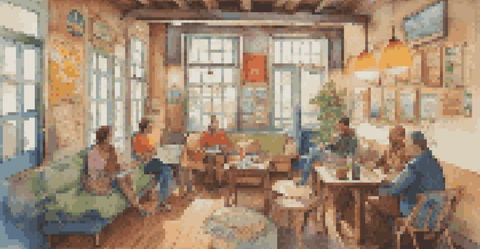 A welcoming hostel common area where travelers are chatting, surrounded by travel posters and maps.