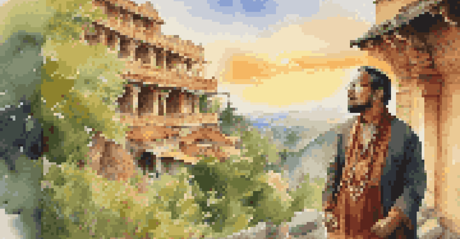 A traveler in traditional clothing holding a family heirloom at a heritage site with historical architecture and greenery.