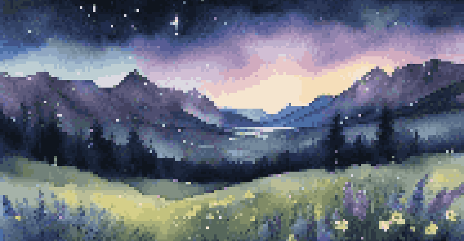 A mountain range at night under the Milky Way, with a field of illuminated wildflowers in the foreground.