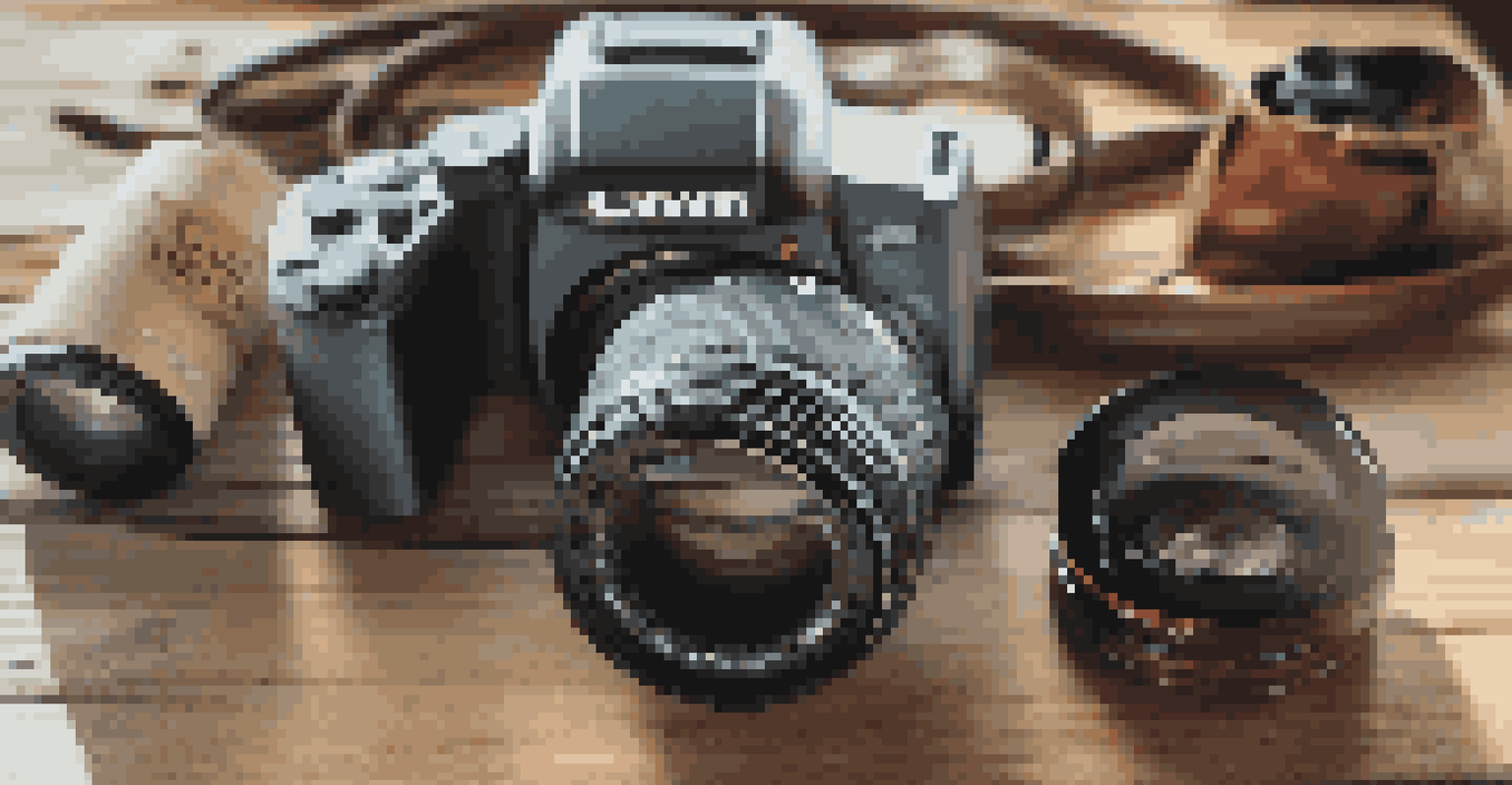A close-up of a camera lens and travel accessories on a wooden table.