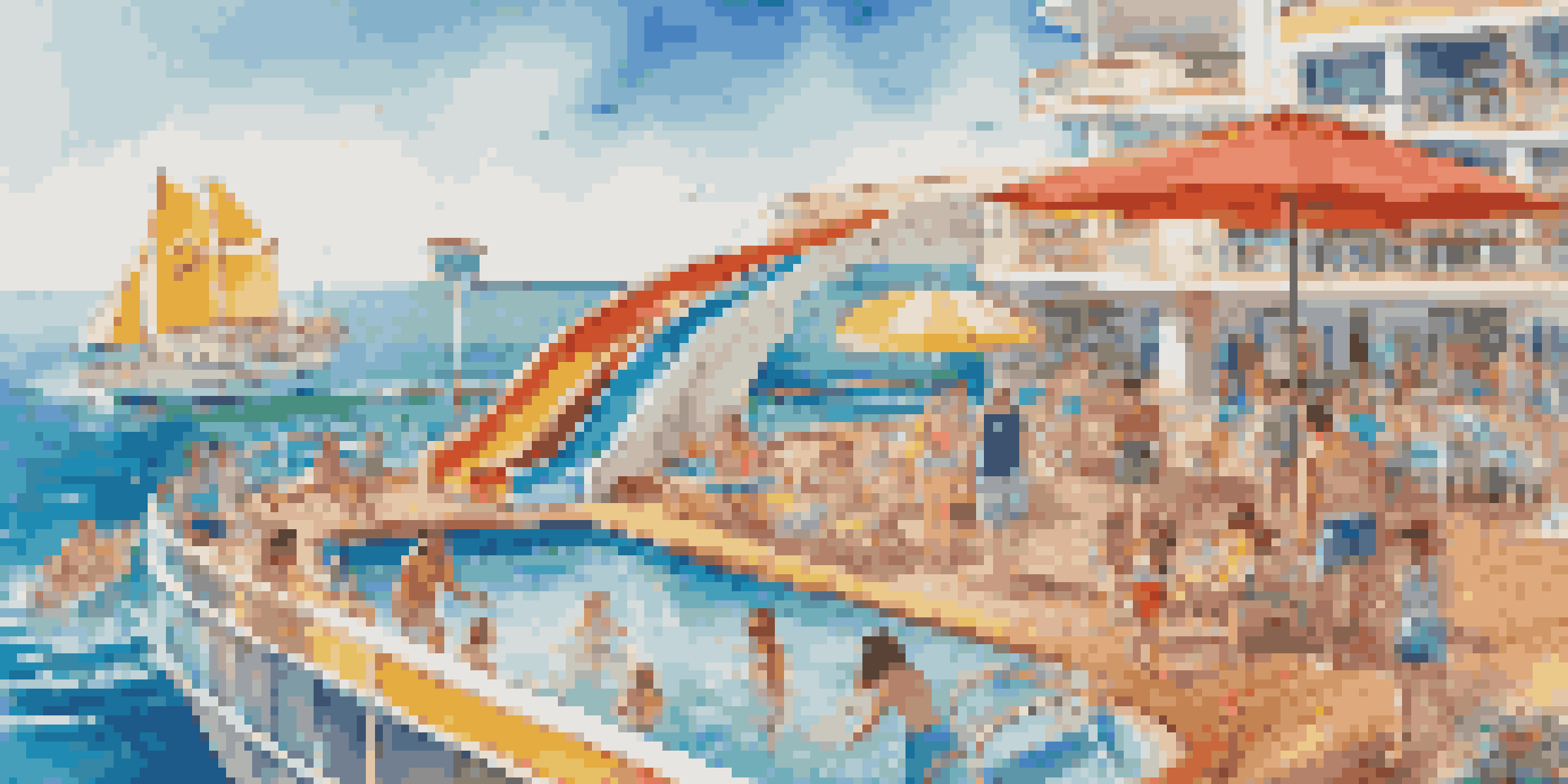 A family with children playing on a cruise ship deck, surrounded by water slides and a pool under a clear blue sky.