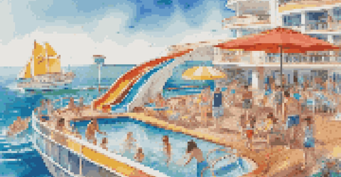 A family with children playing on a cruise ship deck, surrounded by water slides and a pool under a clear blue sky.