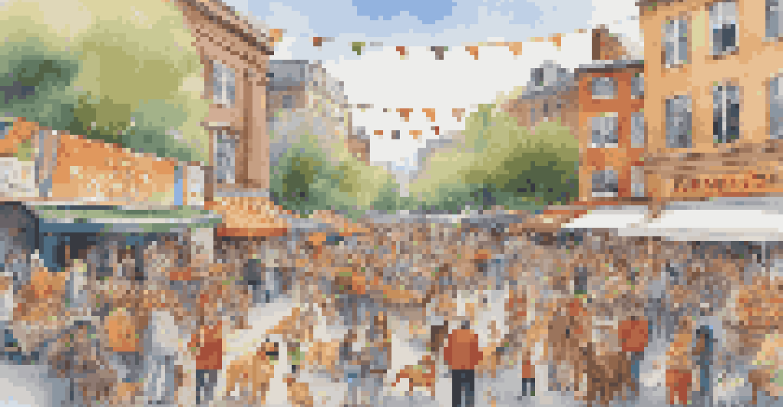 A lively pet-friendly festival with dogs in costumes and happy owners in a city square.