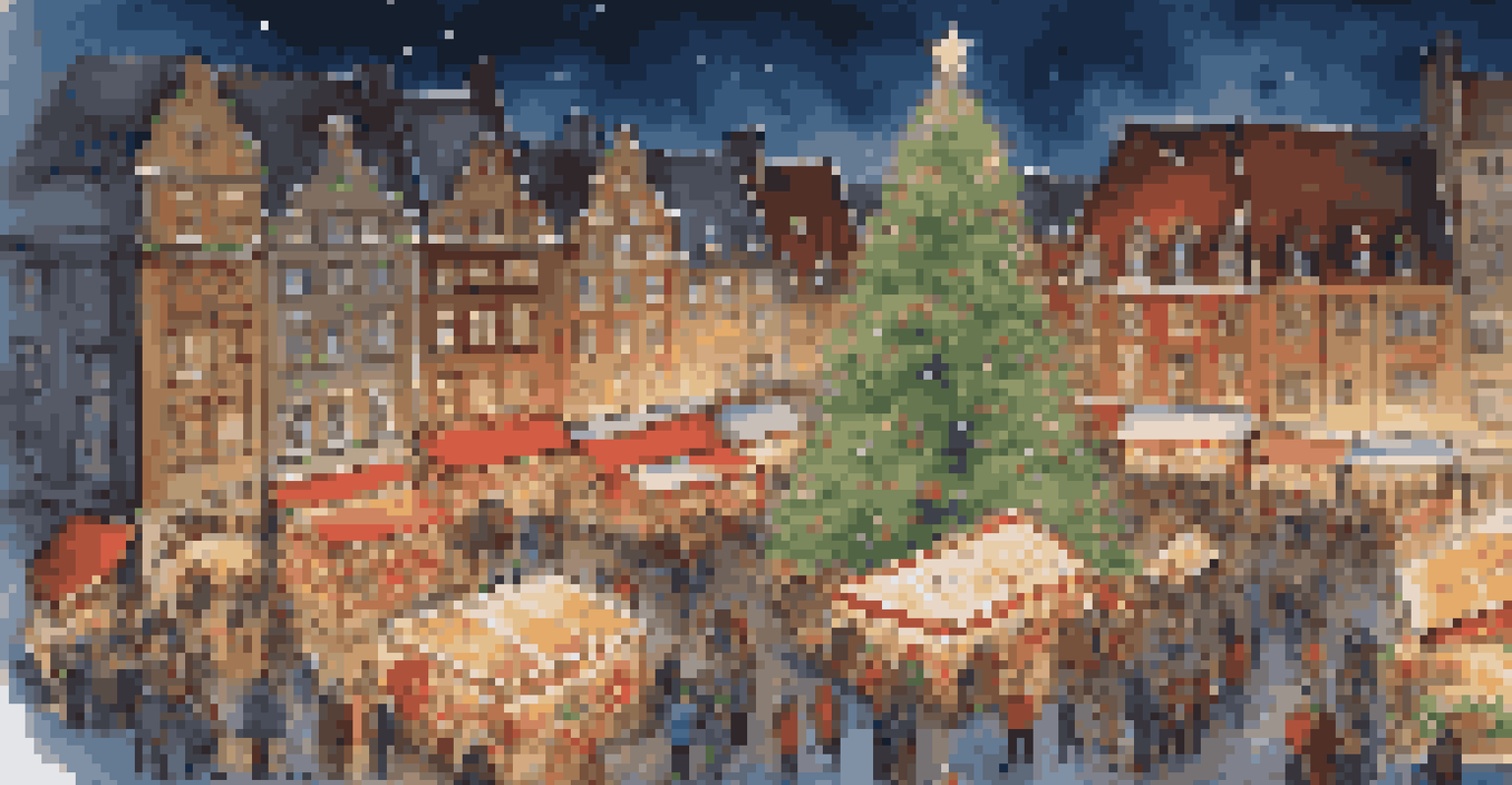 A vibrant Christmas market with stalls and a large tree, surrounded by historic buildings, showcasing a festive atmosphere.