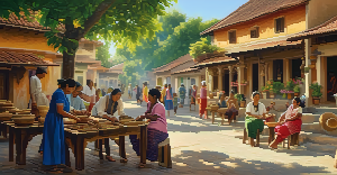 A local artisan showing her handmade jewelry to tourists in a sunny village square surrounded by greenery.