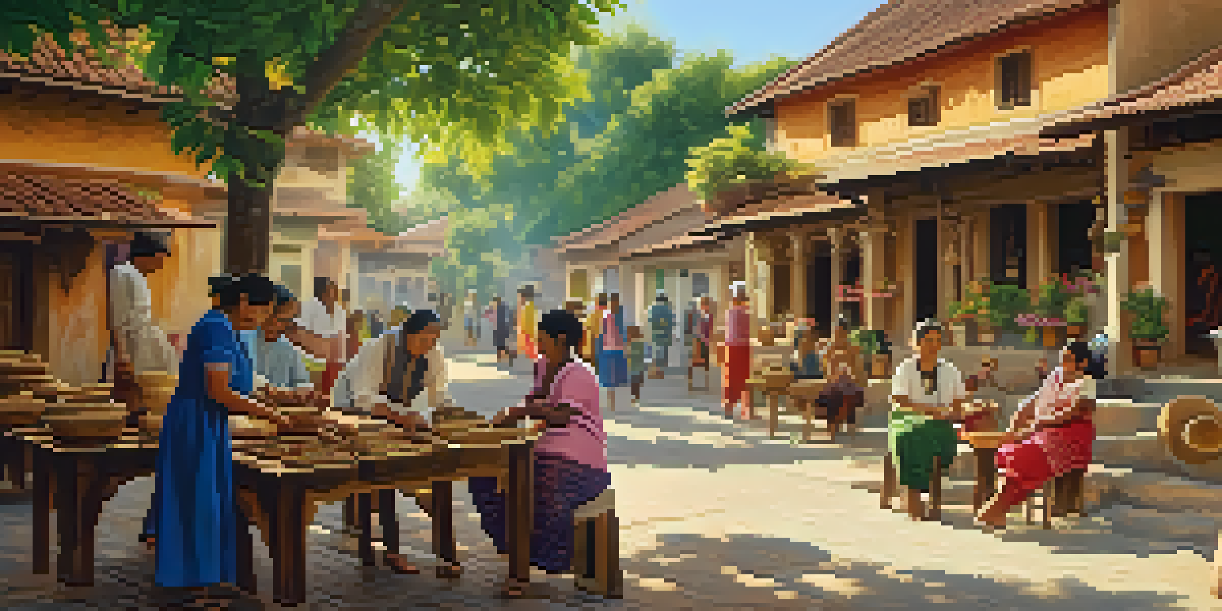 A local artisan showing her handmade jewelry to tourists in a sunny village square surrounded by greenery.