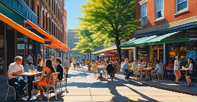 A lively urban street filled with diverse people enjoying cafes and shops, with colorful storefronts and sunlight filtering through trees.