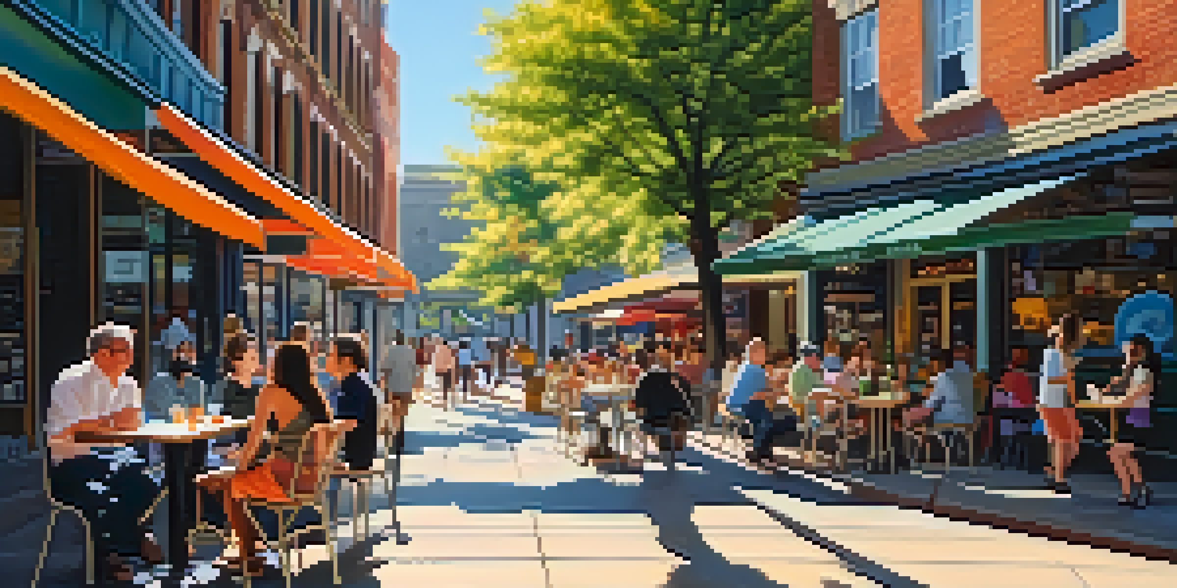 A lively urban street filled with diverse people enjoying cafes and shops, with colorful storefronts and sunlight filtering through trees.