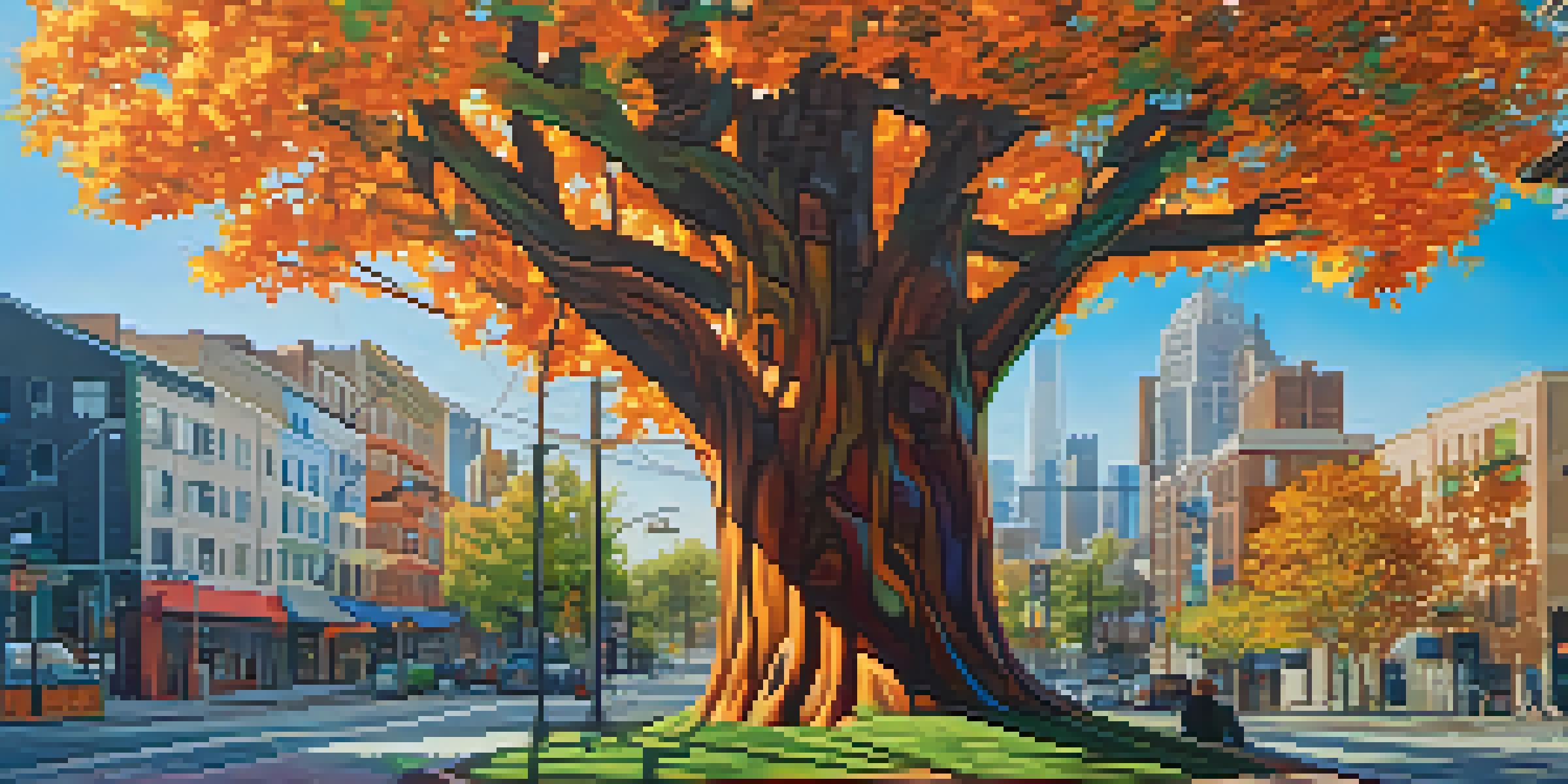 A colorful urban mural featuring a large tree with geometric patterns, surrounded by buildings and sunlight casting shadows.