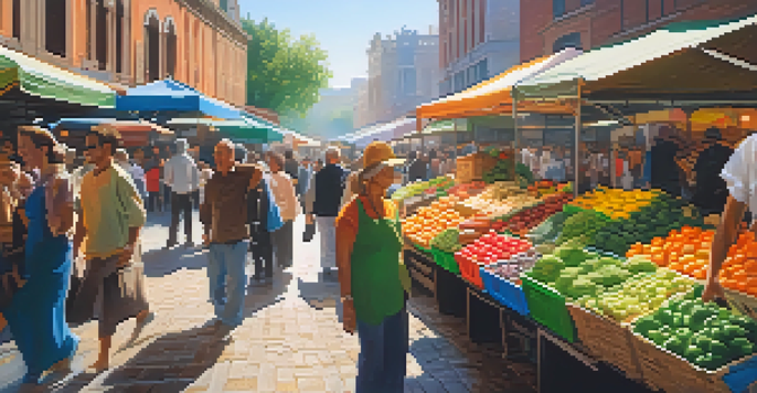 A lively market filled with colorful stalls and shoppers, showcasing the energy of daily life.