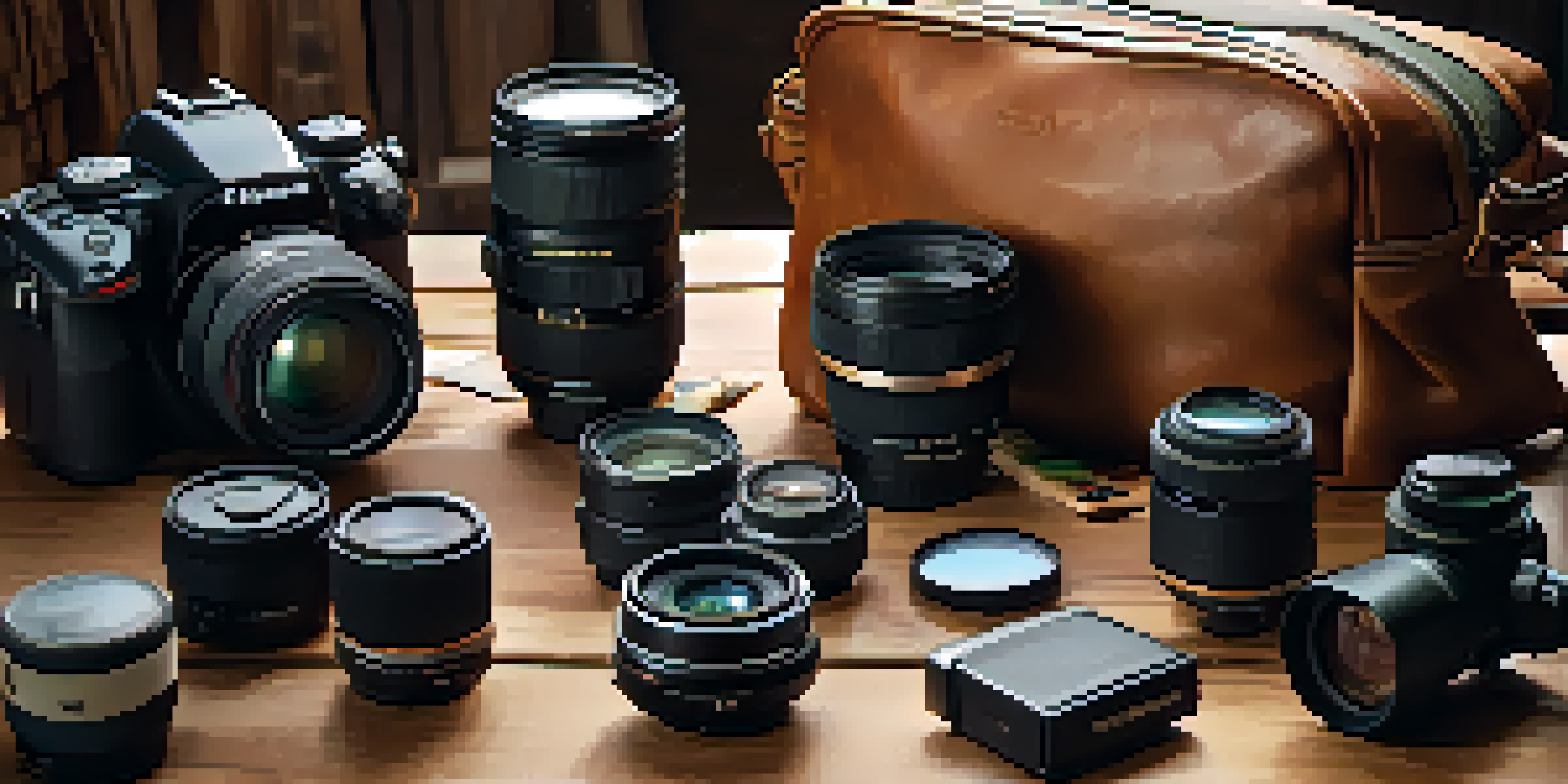 A camera bag with photography gear arranged on a wooden table, illuminated by soft natural light.